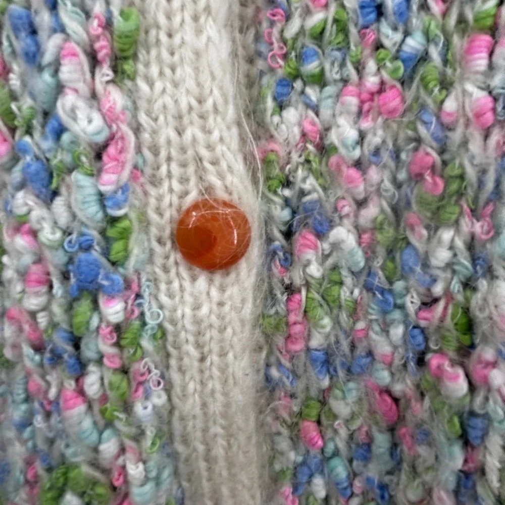 Vintage Handmade Chunky Knit Cardigan Multi Color Speckled Buttons Cream Trim - Picture 5 of 8